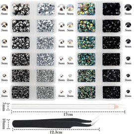 AUREHEN 15000PCs 2-6MM Black Series Resin Flat Back Rhinestones, Round Non Hotfix Jelly & Silver Bottom Resin Rhinestones Nail Gems Stones with Tweezer & Picker Pen for Nail Art Tumblers & DIY Crafts