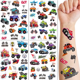 75 PCS Truck Temporary Tattoos for Kids Birthday Party Favor- Groovy Silver Metallic Styles Fake Tattoos | Monster Truck, Car Racing, Checkered Flag, Flames, Trophy Tattoo for 5 6 7 8 Years Boys Girls