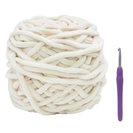 Biaungdo 100g 65.6yd Chenille Chunky Yarn for Crocheting, Beige Soft Bulky Thick Fluffy Velvet Yarn for Knitting Blanket Crafts, with Plastic Small Pins & Crochet Hook