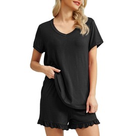 PrinStory Women's Pajamas Set Short Sleeve V Neck Sleepwear and Ruffled Shorts Pjs Set with Pockets