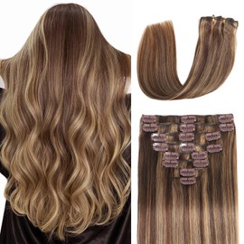 Clip in Hair Extensions Real Human Hair, Seamless Clip ins Real Human Hair for Women, Balayage Remy Human Hair Clip in Extensions, Double Weft 8pcs 24 inch Chocolate Brown to Caramel Blonde