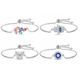 Anten Pink 4Pcs Eye Evil Bracelet for Women Girls, Silver Plated Chain with Cubic Zirconia, Jewellery Gifts for Girlfriend Friends Sister Daughter