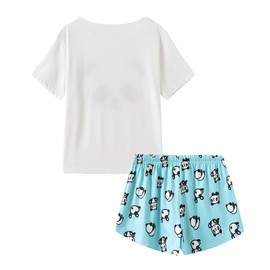 VENTELAN Pajama Women Cute Animal Sleep Tee Shirt Shorts Set Summer Sleepwear White-green