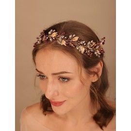 Teyglen Bride Wedding Hair Vine Headband Bridal Crystal Leaf Hair Pieces Handmade Blue Red Green Rhinestone Headpiece Hair Accessories for Women Girls (Gold)