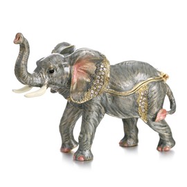 Vie jeune Hand Painted Enamel Lucky Elephant Trinket Box, Hinged Unique Mini Ring Necklace Jewelry Organizer, Classical Bejeweled Storage, Figurine Collectible Keepsake Home Decor (Elephant-2)