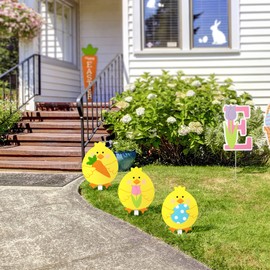 Glitzhome 3 Pack Easter Chick Yard Signs with Stakes, 15" H Wooden Waterproof Chick Pick Happy Easter Outdoor Yard Lawn Garden Decoration