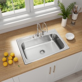 MILOSEN 33''x22'' Drop in Kitchen Sink, Topmount T304 Stainless Steel Sink, Single Bowl 9'' Deep Sinks with Strainer, Round Corner Large and Deep Sinks, Brushed Finish