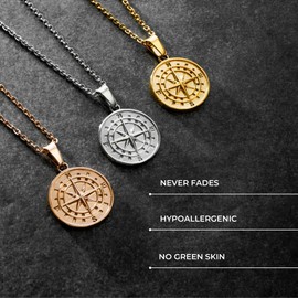 CRAFTD | Gold Compass Pendant Necklace | Durable 18K Gold & 316L Stainless Steel | 20.5" Gold Chain Link with 20MM x 20MM Pendant | Waterproof, Heat & Sweat Resistant | Gifts for Men | Men's Jewelry