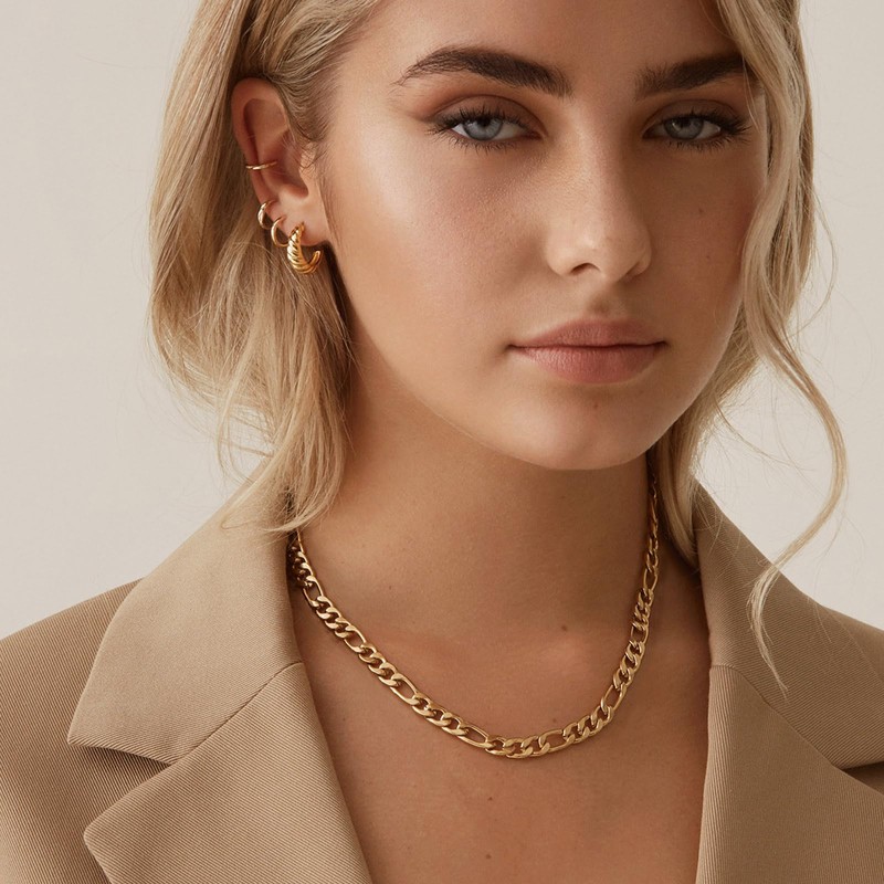 HZMAN Men Women 24k Real Gold Plated Figaro Chain Stainless