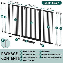 Fairy Baby 40.5" Extra Tall Baby Gate No Drill, 54.8"-60.2" Extra Wide Dog Pet Gate, Safety Child Toddler Gate, Metal Tension Auto Close No Climb Fence Barrier Pet Cat Gate for Stairs Doorway, Black