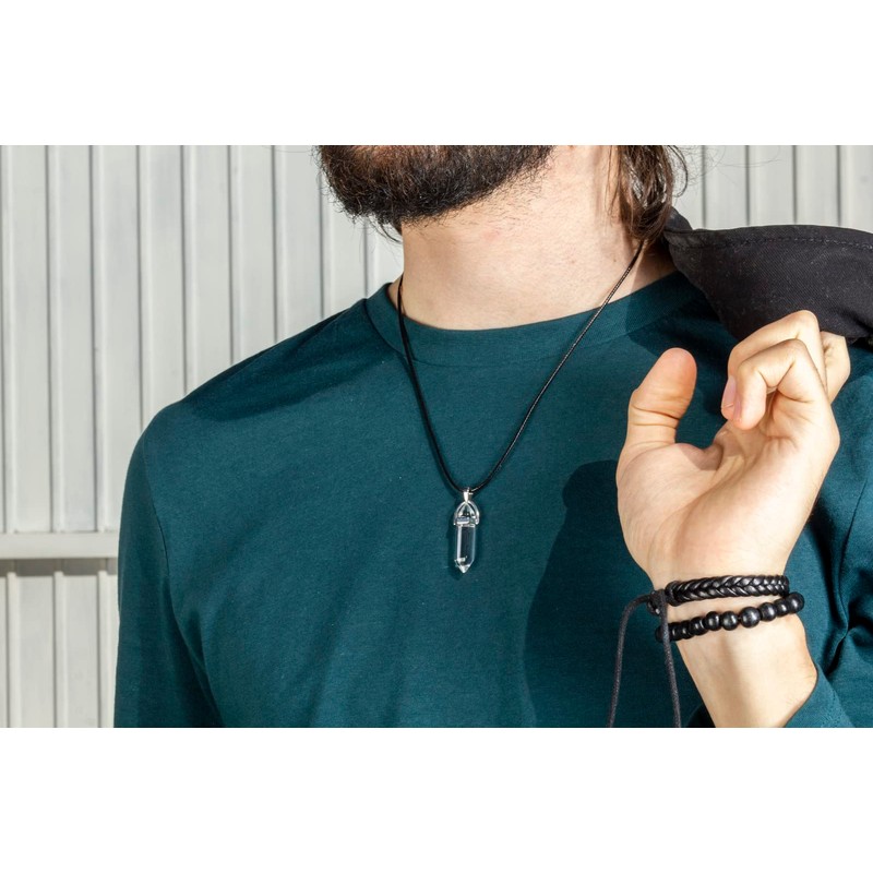 Collar para Hombre │ Piedra Negra con Correa de Cuero