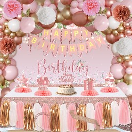 syuebt Rose Gold Birthday Party Decorations for Women Girls , Happy Birthday Pink Rose Gold Party Supplies with Tassel Flower Ball Banner Backdrop Centerpieces Crown Sash Balloons Arch Kit