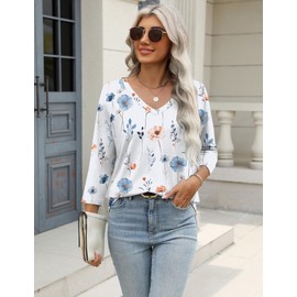 Zeagoo 3/4 Length Sleeve Womens Blouse Ladies V Neck Shirts Womens Floral Tshirts XL