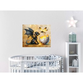 Twisted R Design 20x16 Black Dragon and Firefly Nursery Canvas Print Wall Art