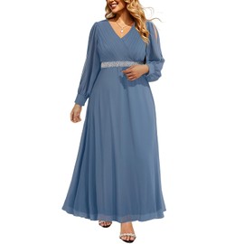 Women Mother Bride Dresses Plus Size Formal Evening Dusty Blue Long Sleeve Bridesmaid Evening Elegant Ruched Maxi Dress