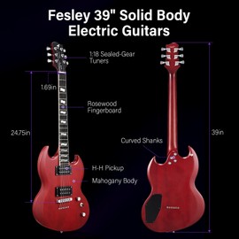 Fesley 39'' Electric Guitar: Full Size Solid Body Electric Guitars with Humbucker Pickups, Beginner Guitar for Adults with Mahogany Body,Bone Nut, Electric Guitar Kit with Gig Bag,Cable,Red
