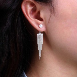 Atentuyi Boho Long Chain Earrings Silver Chain Earrings Metal Chain Tassel Dangle Earrings Ear Jacket Pearl Stud Earrings Pearl Front Back Earrings Jewellery for Women and Girls