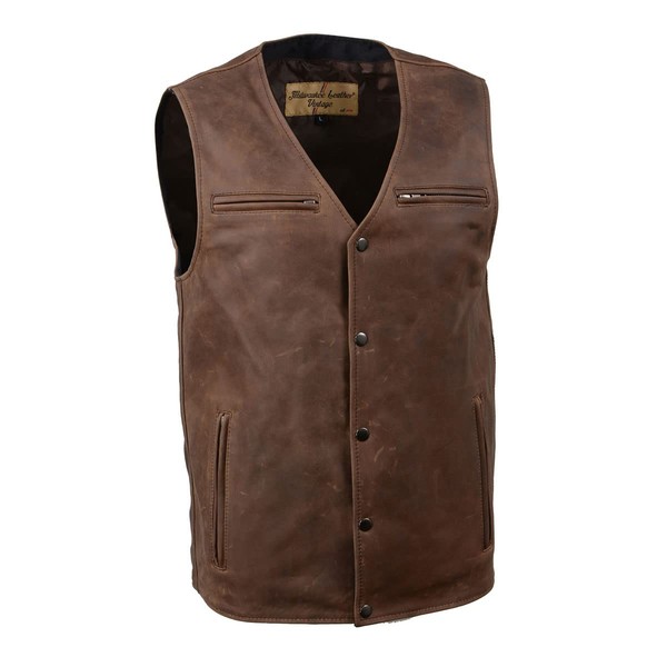 Milwaukee Leather MLM3518 Men's Gambler Snap Front Vintage Crazy Horse Brown Motorcycle Leather Vest - 3X-Large