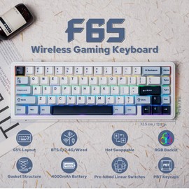 EPOMAKER EPOMAKER x Aula F65 65% Wireless Mechanical Keyboard, Hot Swappable Gasket Custom Gaming Keyboard with Five-Layer Padding, RGB Backlit, Bluetooth/2.4GHz/USB-C (Light Blue, Graywood V3 Switch)
