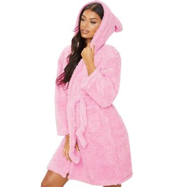 Minasan Women’s Bathrobe short with hood - fluffy sauna dressing gown dressing gown nightwear fleece dressing gown ear with hood., pink, L