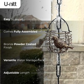 Rain Chain Water Collection for Gutters, Rainwater Catcher & Diverter, 8.5 FT Chains for Outside Garden, Antique Bird Nest Cups, Roof Downspout, Works with Heavy Rain, w/ Gutter Clip for Rainchains