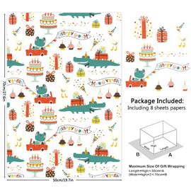 Birthday Wrapping Paper For Kids Girls Boys, Giraffe Frog Crocodile Turtle Panda Jungles Animals Party Design Gift Wrap Paper 8 Sheets Folded Flat 20x28 Inches for Birthday Baby Shower Holiday