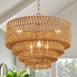 YOMECOO Hand-Woven Rattan Chandelier Vintage 6-Light Farmhouse Boho Bamboo Chandelier Light Fixture Retro Drum Wicker Rattan Golden Chandelier for Dining Room, Kitchen, E12