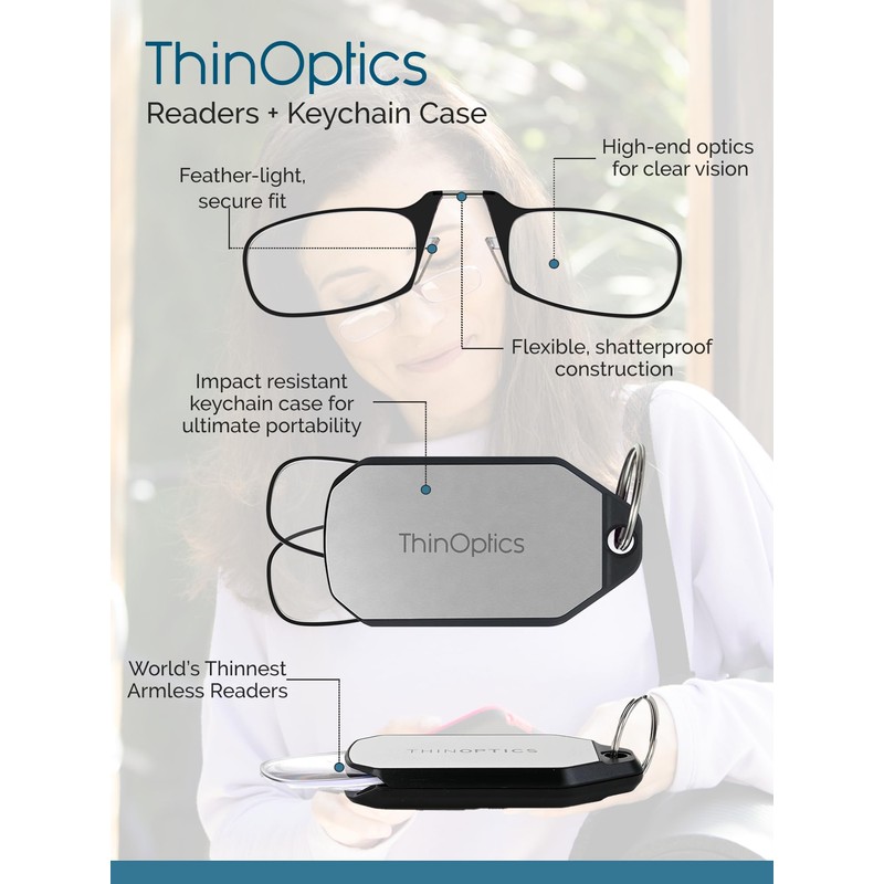 ThinOptics Keychain Readers Rectangular Reading Glasses, Black Case/Brown Frames, 44