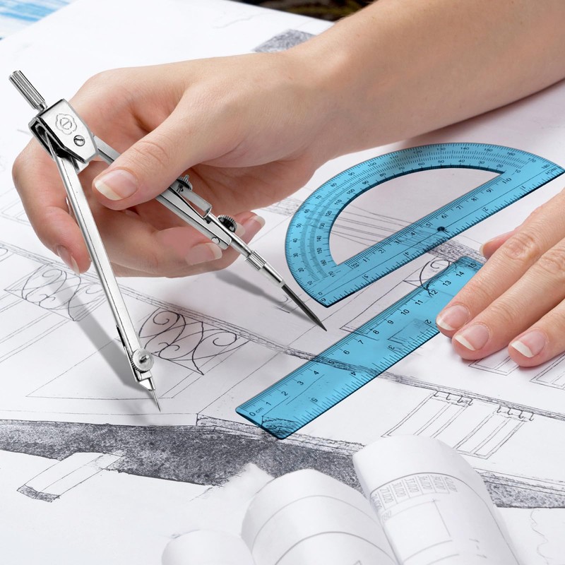 Zonon 3 Pcs Plastic Ruler 6 Inch Protractor Drawing Compass