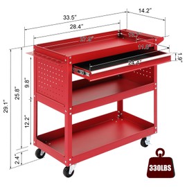 3-Tier Rolling Tool Cart with Pegboard & Drawer – Heavy Duty 330lb Steel Utility Cart, 4 Locking Wheels, Red – Garage, Workshop, Warehouse Storage Organizer Utility Cart Wagon