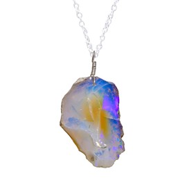 AURA GEMS Real Ethiopian Opal Raw Pendant Necklace, Natural Rough Gemstone, Fire Play Energy Healing Opal Crystals, October Birthstone, Gift for Women, Silver Plated Jewelry 18 inch, AA+ Quality