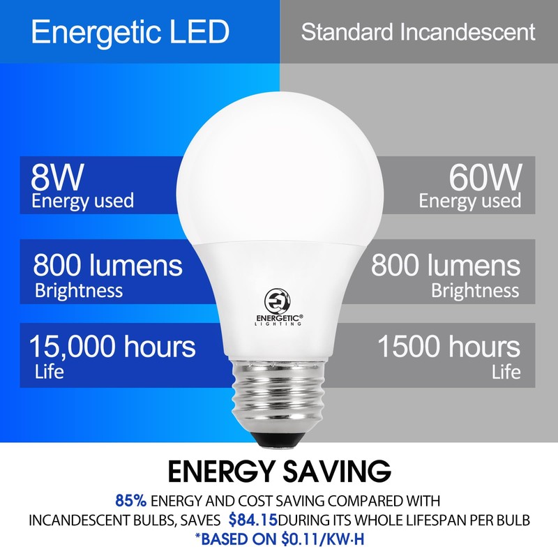 Energetic Light Bulbs 60 Watt Equivalent, A19 Daylight LED Light