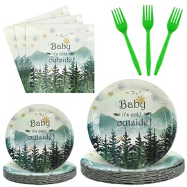 Sunnyray 96 Pcs Baby It's Cold Outside Baby Shower Party Supplies Winter Forest Party Tableware Set Plates Napkins Forks for Baby Shower Birthday Christmas, Serves 24
