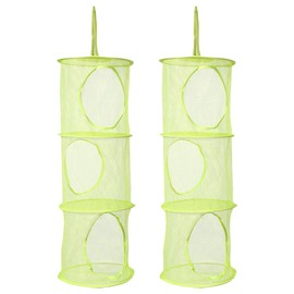 2 Pcs Toy Storage Hanging Mesh 3 Compartment Organizer Net Stuffed Animal Hammock Foldable Organizing Baskets Clothes Hanger Organizer Bag for Room Bathroom Closet Green