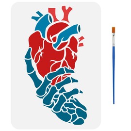 FINGERINSPIRE Hand Skeleton Painting Stencil with 1Pc Plastic Paint Brush 8.3x11.7 inch Plastic Skeleton Hand with Heart Pattern Stencil Reusable Skeleton Hand Stencil for DIY Projects and Crafts
