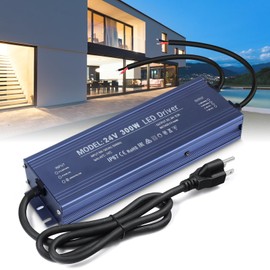 LED Driver 24V, BRIMETI LED Power Supply 300W Waterproof IP67 Transformer Adapter 110V AC to 24V DC Converter Low Voltage Output with 3-Prong Plug 3.3 Feet Cable for Outdoor LED Light Strip, 12,5 Amp
