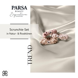 PARSA Beauty Signature Zopfhalter mehrfarbig Set – luxuriöse Haargummis aus Satin in Nude & Rosé, sanft zum Haar, elegantes Design mit Signature Icon, ideal für stilvolle Frisuren & besondere Anlässe