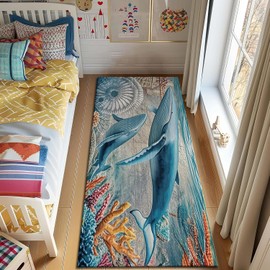 Whale Hallway Runner Rug 2.7x8ft,3D Ocean Animal Pattern Long Washable Rugs,Coastal Cartoon Double-Headed Whales Carpet Runners,Non Slip Ocean Animal Theme Kitchen Mats for Floor Entrance Bedrooms