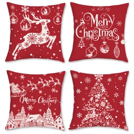 Bonhause Christmas Red Throw Pillow Covers 18 x 18 Inch Reindeer Christmas Tree Snowflake Decorative Pillows for Sofa Couch Winter Holiday Decor Set of 4