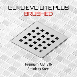 GURU USA Evo Lite Plus Square Stainless Steel Shower Drain with ABS Base & Hair Strainer, Bathroom Accessories for Shower Floor Drainage, Plus Brushed