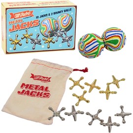 Traditional Retro Metal Jacks Family Game With 2 Rubber Swirly Bouncy Balls and 10 Heavy Metal Jacks Crosses Instructions And Cloth Carry Bag Classic Knucklebones Fivestones Game of Jacks
