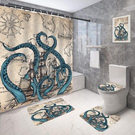 Coxila Vintage Octopus Shower Curtain Set Nautical Funny Fun Ocean Cool Kraken Pirate Ship World Map Toilet Lid Cover U Shaped Bath Mat 4 Pcs Decor Bathroom Non-Slip Rug Fabric Polyester 60x72 Inch