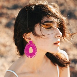 Raffia Statement Beaded Earrings Boho - Handmade Teardrop Dangle Earrings for Summer Beach Vacation (Hot Pink)