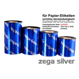 Thermal Transfer Ink Ribbon Black 60 mm x 300 m - Zega Silver (Wax/Resin Smudge-Proof) - Exterior Colour Side - for Industrial Printers Zebra ZM400/ZM600/ZT220/ZT230/S4M/Z4M/Z6M/XI Series with 1 Inch