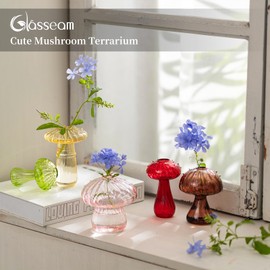 Glasseam Glasseam Mushroom Glass Planter, Set of 5 Colored Plant Propagation Station, Mini Terrarium for Plants, Unique Small Glass Vase for Flowers, Cute Hydroponic Indoor Planters Gifts for Women Room Decor