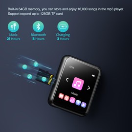 64GB MP3 Player with Bluetooth 5.0, Portable Digital Lossless Music Player, Built-in Speaker, 1.8 in Full Touch Screen, FM Radio, Pedometer, Line-in Recording, Earphones Included, Support up to 128GB