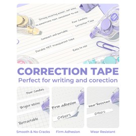 Four Candies White Correction Tape, 39.4 Feet, 4 Pack Easy to Use Applicator for Instant Corrections, Tear-Resistant, Smooth & Quick-Drying Tape for Office & School Supplies