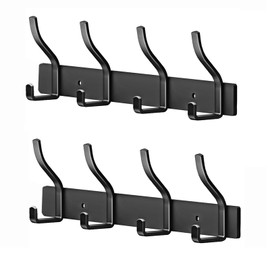 MEIJO Coat Hooks, Stainless Steel Coat Hooks, Wall Hooks, Coat Rack, Wall Coat Rack for Bedroom, Bathroom, Kitchen, Clothes Rack (Black, 4 Hooks, Pack of 2)