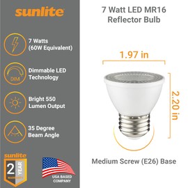 Sunlite 80083 LED PAR16 Short Neck Recessed Spotlight Bulb, 7 Watt, (60W Halogen Replacement), 550 Lumens, Medium (E26) Base, Dimmable, ETL Listed, 3000K Warm White, 1 Count