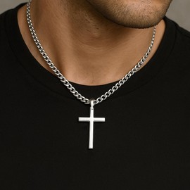 Ovfovy 925 Sterling Silver Cross Necklace for Men Women, 5mm Stainless Steel Diamond-Cut Cuban Link Curb Chain, 16 inch, Sterling Silver, No Gemstone